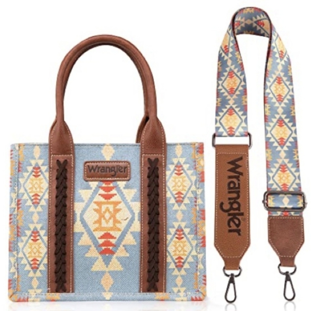 Wrangler Blue & Brown Geometric Purse Tote Bag Aztec Southwestern Style - Picture 4 of 7